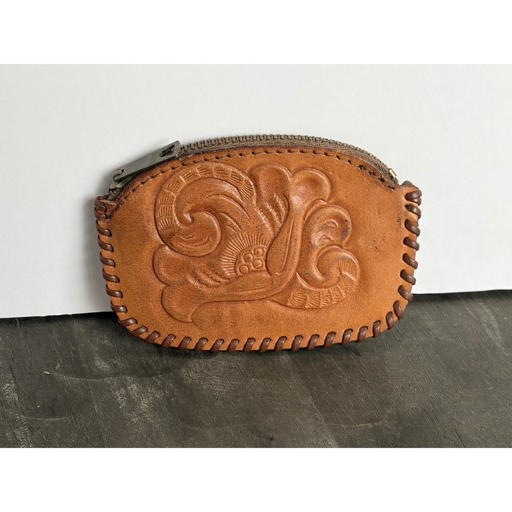 Hand Tooled Leather Coin Purse Floral Whipstitch Western Tan Boho Pouch